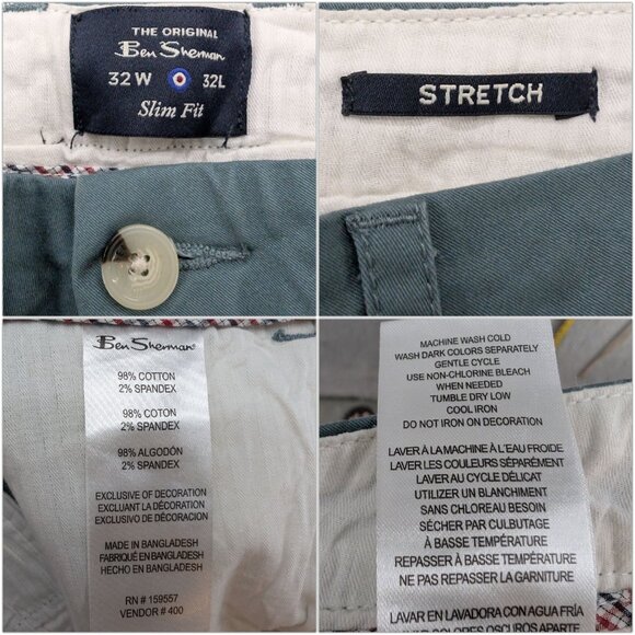 Ben Sherman Chino Pants Mens Sage Green Flat Front Cotton Stretch Size 32x32 - Picture 6 of 11